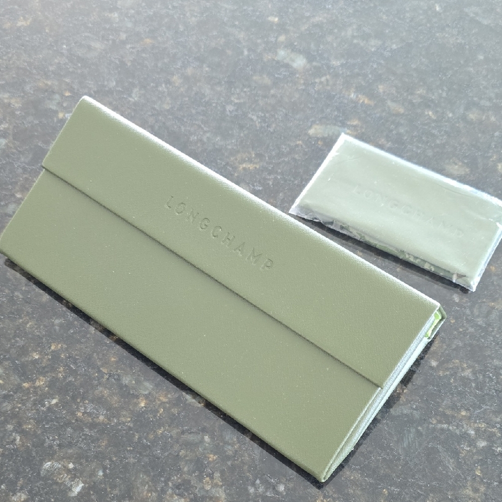 Longchamp Flat Olive Green Leather Sunglass Case with Embossed Logo